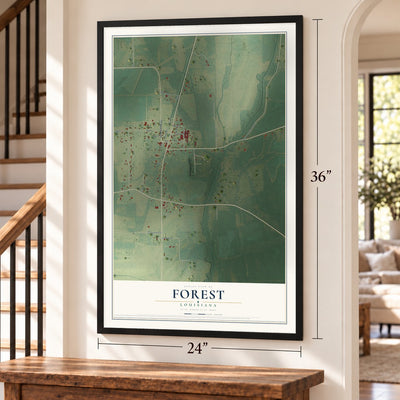 Forest, Louisiana map, 24 x 36 inch print in a black frame by a staircase