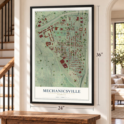 Mechanicsville, Georgia map, 24 x 36 inch print in a black frame by a staircase