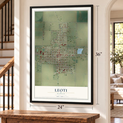 Leoti, Kansas map, 24 x 36 inch print in a black frame by a staircase