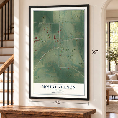 Mount Vernon, Arkansas map, 24 x 36 inch print in a black frame by a staircase