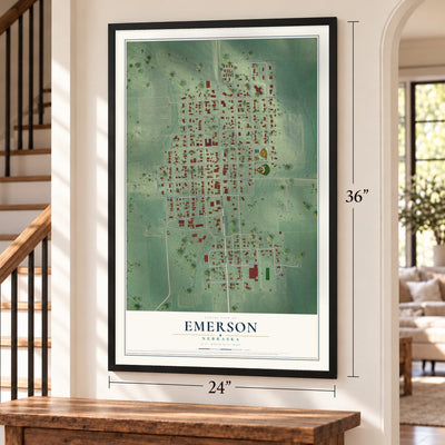 Emerson, Nebraska map, 24 x 36 inch print in a black frame by a staircase