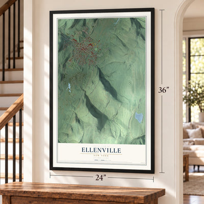 Ellenville, New York map, 24 x 36 inch print in a black frame by a staircase