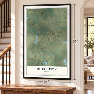 Murchison, Texas map, 24 x 36 inch print in a black frame by a staircase