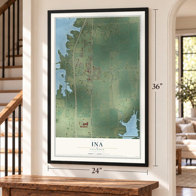 Ina, Illinois map, 24 x 36 inch print in a black frame by a staircase