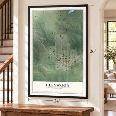 Glenwood, Missouri map, 24 x 36 inch print in a black frame by a staircase