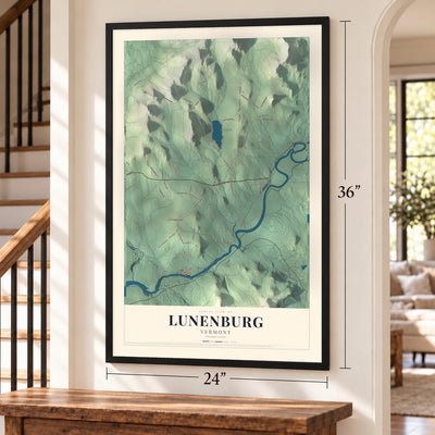 Lunenburg, Vermont map, 24 x 36 inch print in a black frame by a staircase