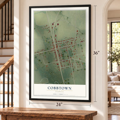 Cobbtown, Georgia map, 24 x 36 inch print in a black frame by a staircase