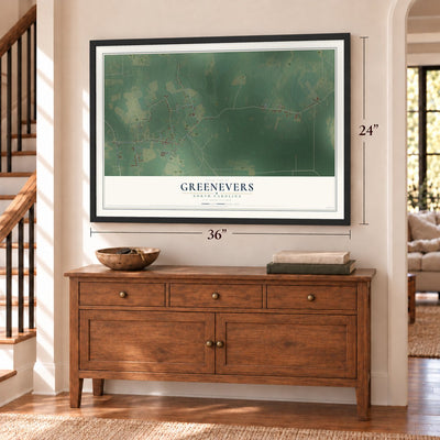 Greenevers, North Carolina map, 24 x 36 inch print in a black frame above a dresser by a staircase