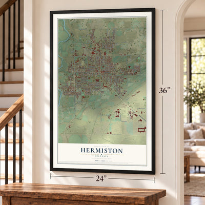 Hermiston, Oregon map, 24 x 36 inch print in a black frame by a staircase