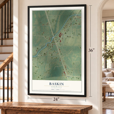 Baskin, Louisiana map, 24 x 36 inch print in a black frame by a staircase