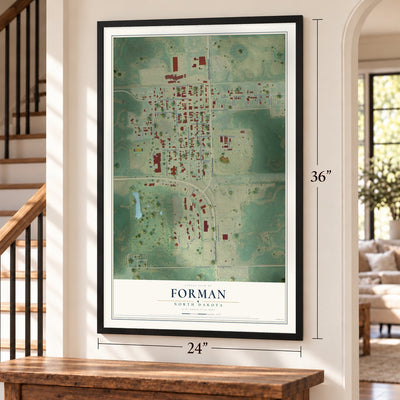 Forman, North Dakota map, 24 x 36 inch print in a black frame by a staircase