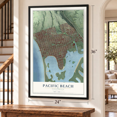 Pacific Beach, California map, 24 x 36 inch print in a black frame by a staircase