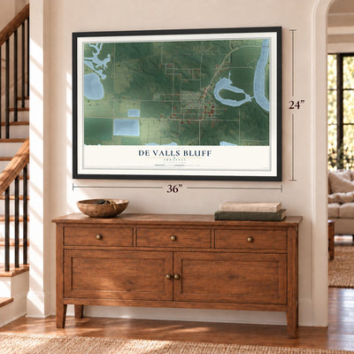 De Valls Bluff, Arkansas map, 24 x 36 inch print in a black frame above a dresser by a staircase