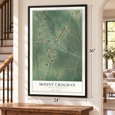 Mount Croghan, South Carolina map, 24 x 36 inch print in a black frame by a staircase