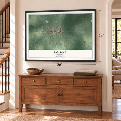 Samson, Alabama map, 24 x 36 inch print in a black frame above a dresser by a staircase