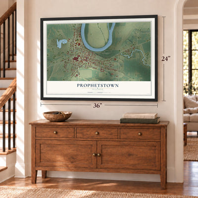 Prophetstown, Illinois map, 24 x 36 inch print in a black frame above a dresser by a staircase