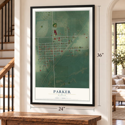 Parker, Kansas map, 24 x 36 inch print in a black frame by a staircase