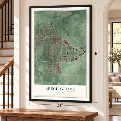 Beech Grove, Indiana map, 24 x 36 inch print in a black frame by a staircase