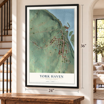 York Haven, Pennsylvania map, 24 x 36 inch print in a black frame by a staircase