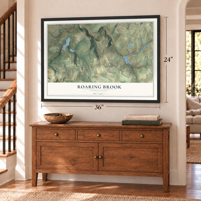 Roaring Brook, Pennsylvania map, 24 x 36 inch print in a black frame above a dresser by a staircase