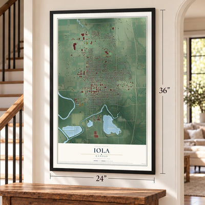 Iola, Kansas map, 24 x 36 inch print in a black frame by a staircase
