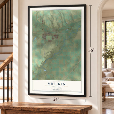 Milliken, Colorado map, 24 x 36 inch print in a black frame by a staircase
