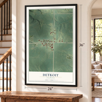 Detroit, Illinois map, 24 x 36 inch print in a black frame by a staircase