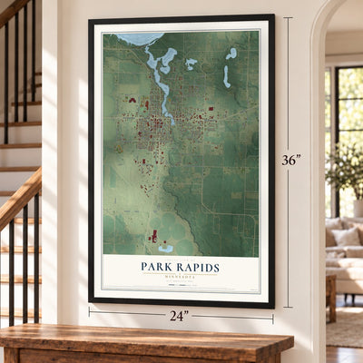 Park Rapids, Minnesota map, 24 x 36 inch print in a black frame by a staircase