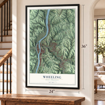 Wheeling, West Virginia map, 24 x 36 inch print in a black frame by a staircase