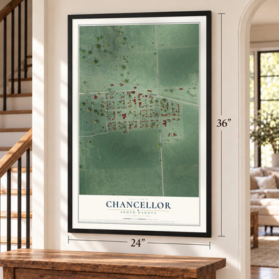 Chancellor, South Dakota map, 24 x 36 inch print in a black frame by a staircase