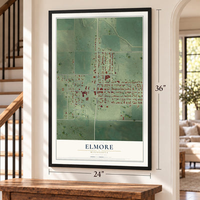Elmore, Minnesota map, 24 x 36 inch print in a black frame by a staircase