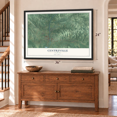 Centreville, Alabama map, 24 x 36 inch print in a black frame above a dresser by a staircase