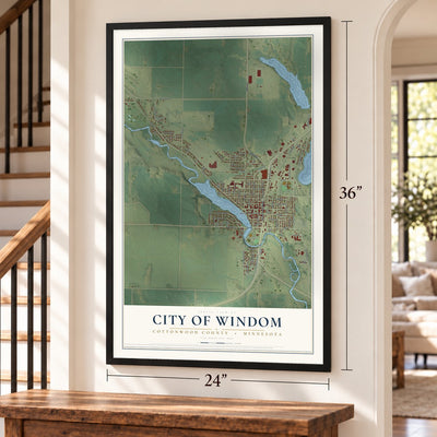 Windom, Minnesota map, 24 x 36 inch print in a black frame by a staircase