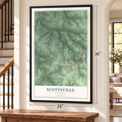 Scottsville, Kentucky map, 24 x 36 inch print in a black frame by a staircase
