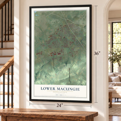 Lower Macungie, Pennsylvania map, 24 x 36 inch print in a black frame by a staircase