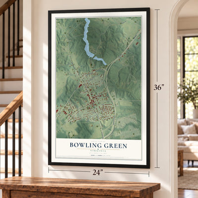 Bowling Green, Virginia map, 24 x 36 inch print in a black frame by a staircase