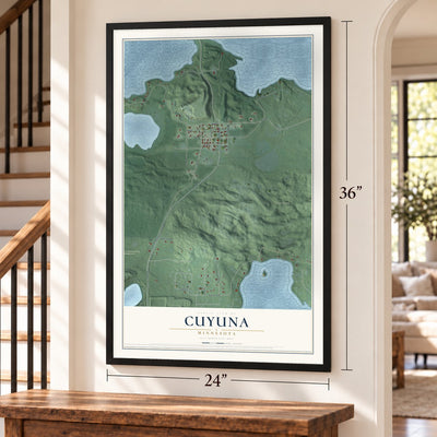 Cuyuna, Minnesota map, 24 x 36 inch print in a black frame by a staircase