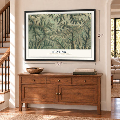 Keating, Potter County, Pennsylvania map, 24 x 36 inch print in a black frame above a dresser by a staircase
