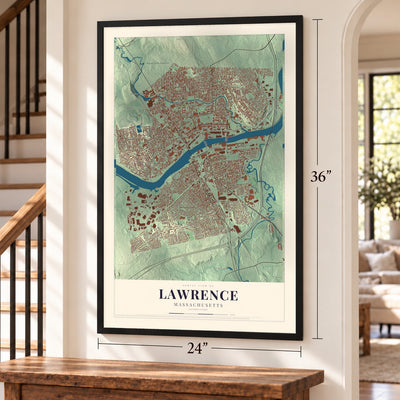 Lawrence, Massachusetts map, 24 x 36 inch print in a black frame by a staircase