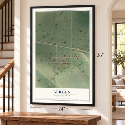 Bergen, North Dakota map, 24 x 36 inch print in a black frame by a staircase