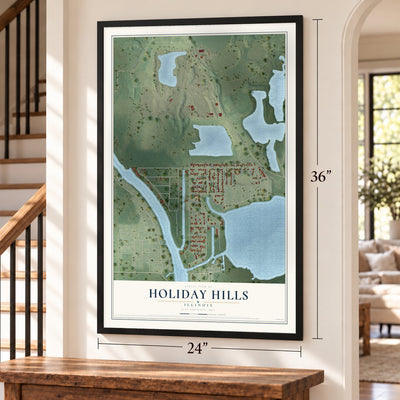 Holiday Hills, Illinois map, 24 x 36 inch print in a black frame by a staircase