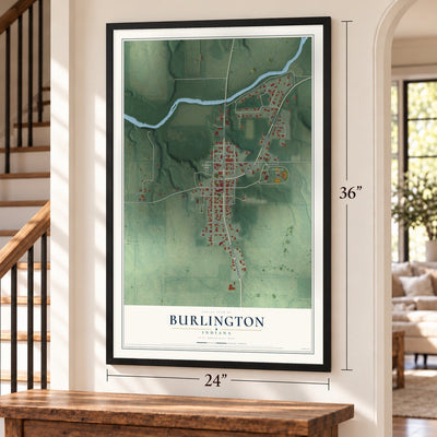 Burlington, Indiana map, 24 x 36 inch print in a black frame by a staircase