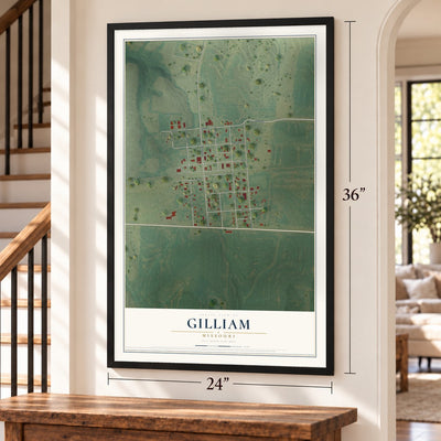 Gilliam, Missouri map, 24 x 36 inch print in a black frame by a staircase