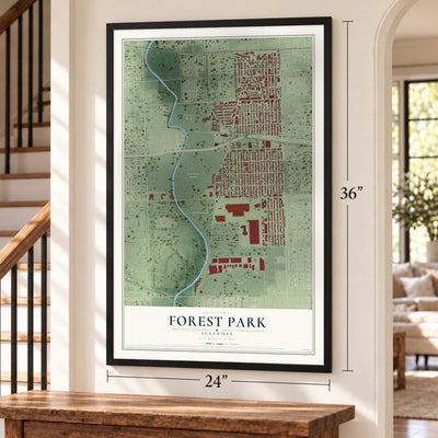 Forest Park, Illinois map, 24 x 36 inch print in a black frame by a staircase