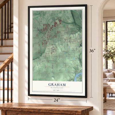 Graham, Washington map, 24 x 36 inch print in a black frame by a staircase