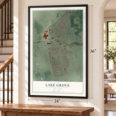 Lake Grove, New York map, 24 x 36 inch print in a black frame by a staircase