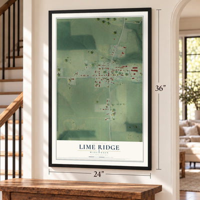 Lime Ridge, Wisconsin map, 24 x 36 inch print in a black frame by a staircase