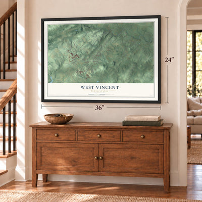 West Vincent, Pennsylvania map, 24 x 36 inch print in a black frame above a dresser by a staircase