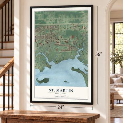 St. Martin, Mississippi map, 24 x 36 inch print in a black frame by a staircase