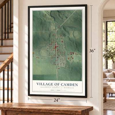 Camden, Michigan map, 24 x 36 inch print in a black frame by a staircase